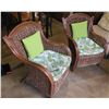 Image 1 : Qty 2 Wicker Woven Arm Chairs w/ Print Seat Cushions & Green Pillows