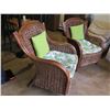 Image 2 : Qty 2 Wicker Woven Arm Chairs w/ Print Seat Cushions & Green Pillows