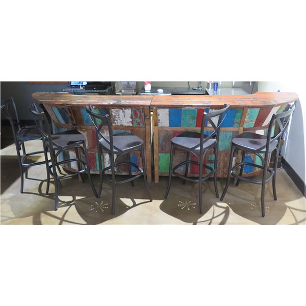 Wooden 2 pc Bar 142"L w/ Indonesian Reclaimed Boat Planks & 5 RH Stools 17"x17"x35"H