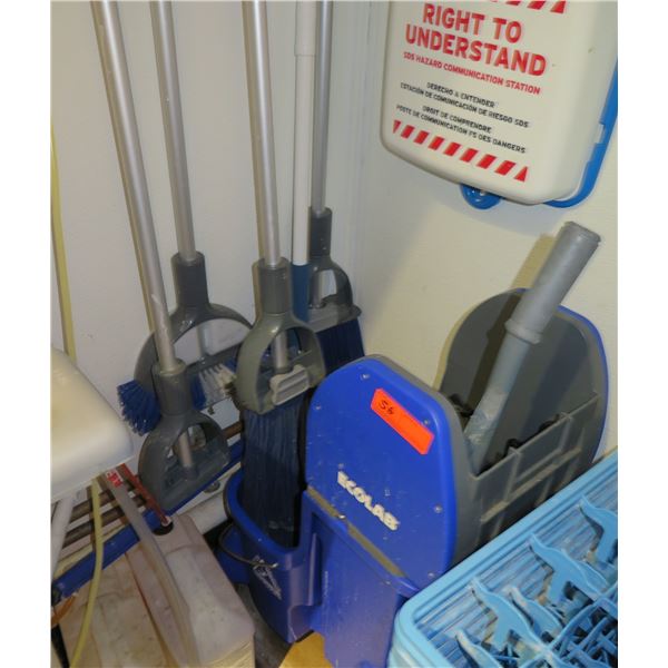 EcoLab Press Wringer Mop Bucket Set w/ Surface Cleaner & Misc Mops, Brooms, etc