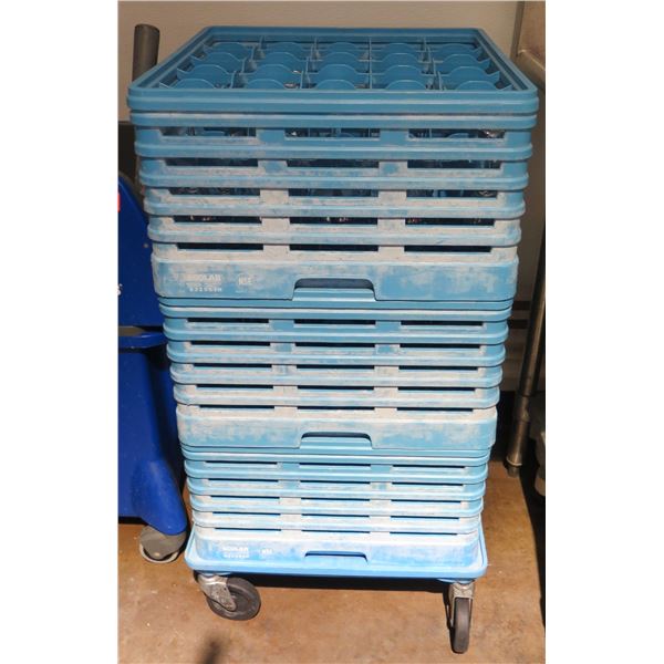 Multiple EcoLab Square Plastic Dishwasher Racks on Wheeled Cart