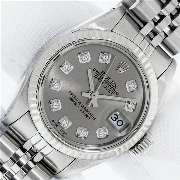 Rolex Ladies Stainless Steel Slate Grey Diamond 26MM Datejust Wristwatch With Ro