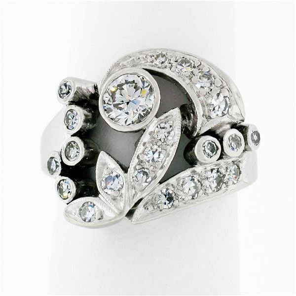 Fancy Antique Art Deco Platinum 1.24 ctw Diamond Flower Leaf Dinner Cocktail Rin