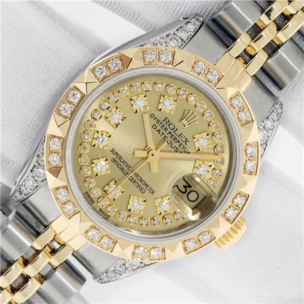 Rolex Ladies 2 Tone Champagne Diamond Lugs & Pyramid Oyster Perpetual Datejust W