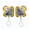 Image 6 : Vintage 18k Gold Triangular Cabochon Sapphire & Round Diamond Geometric Earrings