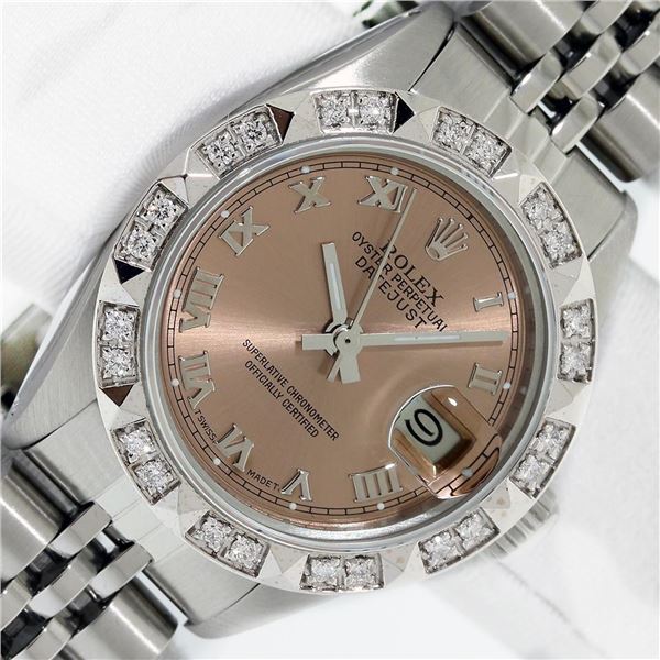 Rolex Ladies Stainless Salmon Roman Pyramid Diamond Datejust Wristwatch With Rol