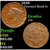 Image 1 : 1838 Coronet Head Large Cent 1c Grades f+