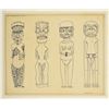 Image 1 : ORIGINAL EARLY PEN & INK CATALOG DESIGN SKETCH OF FOUR FIGURAL TIKIS SIGNED BY LEROY SCHMALTZ