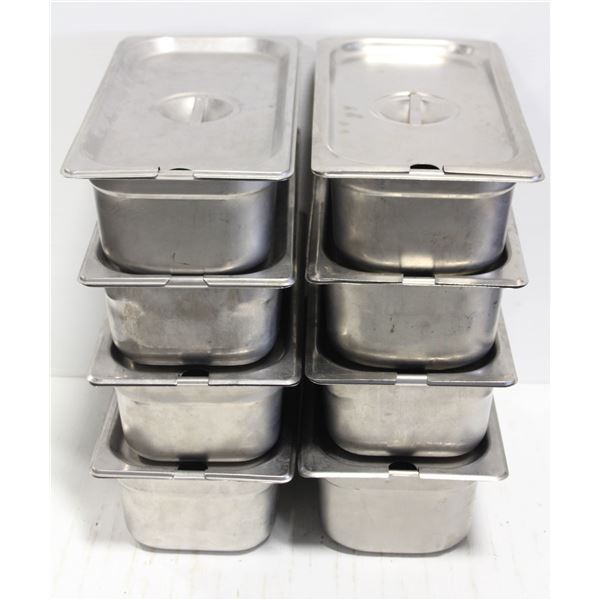 EIGHT 1/3 SIZE STAINLESS STEEL INSERTS W/ LIDS-4 