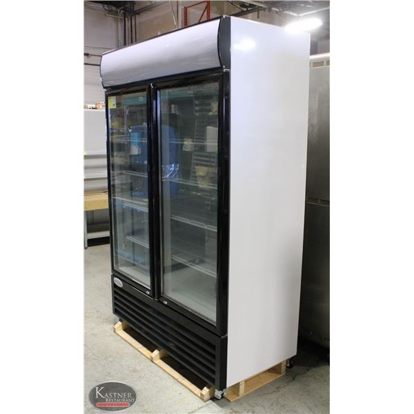 NEW 1075L UPRIGHT HINGED DOUBLE GLASS DOOR COOLER