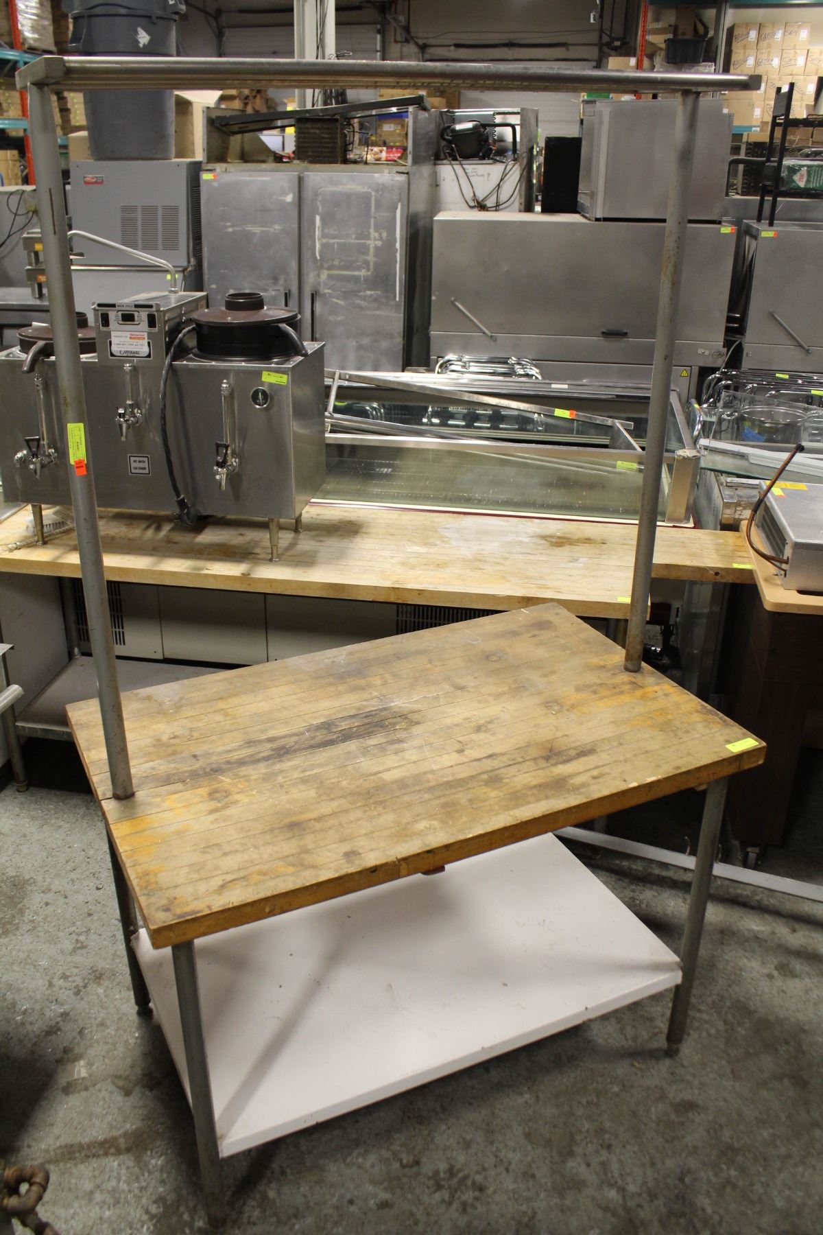 4' WOODEN TOP PREP TABLE W/ OVERHEAD RACK