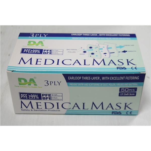 BOX OF 50 DISPOSABLE 3-PLY MEDICAL FACE MASKS