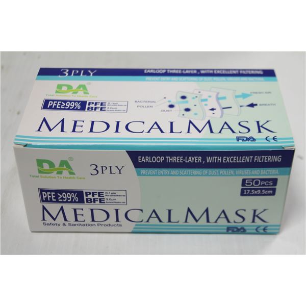 BOX OF 50 DISPOSABLE 3-PLY MEDICAL FACE MASKS