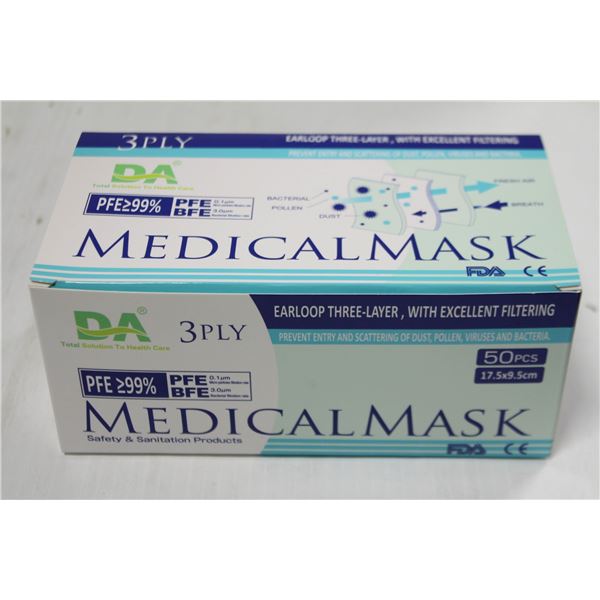 BOX OF 50 DISPOSABLE 3-PLY MEDICAL FACE MASKS