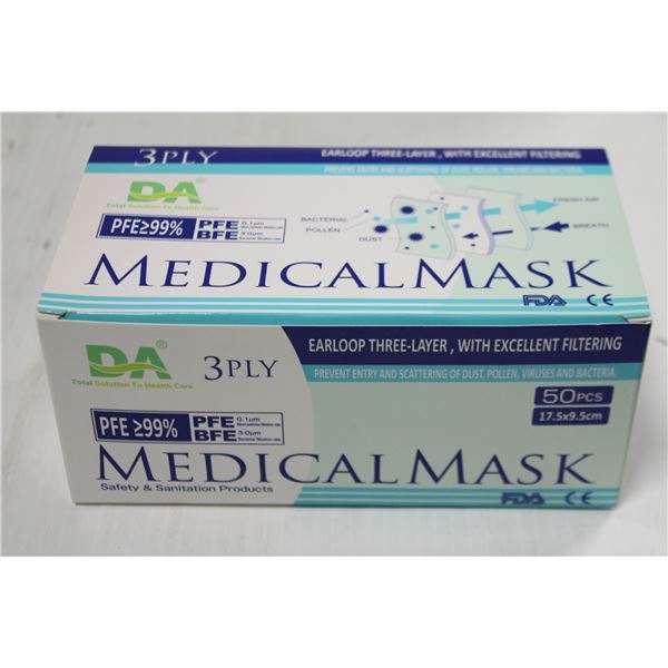 BOX OF 50 DISPOSABLE 3-PLY MEDICAL FACE MASKS