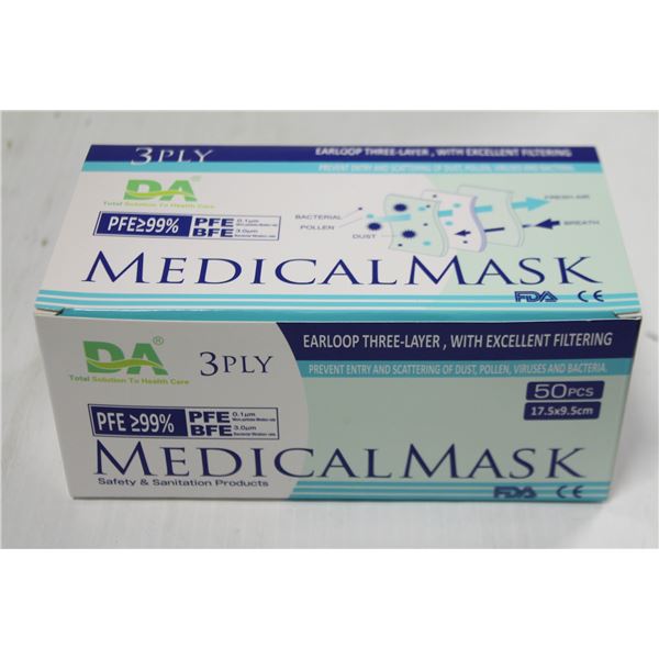 BOX OF 50 DISPOSABLE 3-PLY MEDICAL FACE MASKS