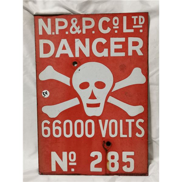 Antique porcelain skull/bones electrical sign, 16" X 11"