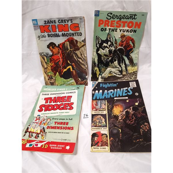 3D Three Stooges & 2 RCMP & Marines comics, 10¢