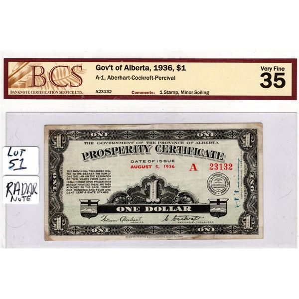 CERTIFIED VF 35 1936 ALBERTA PROSPERITY CERTIFICATE RADAR SERIAL NUMBER