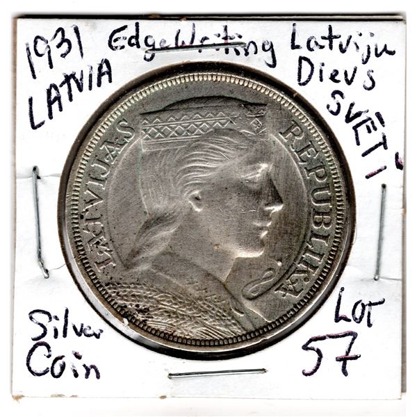 1931 LATVIA LARGE SILVER COIN 5 PIECI LATI
