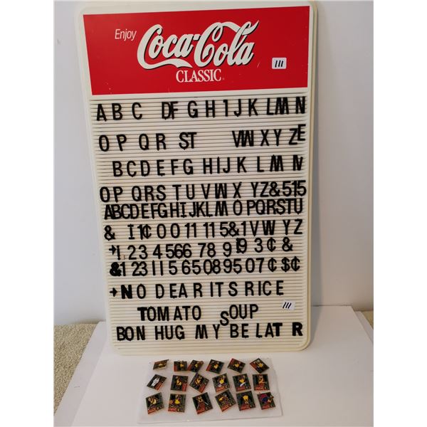 Coca-Cola menu board sign + 18 coke pins