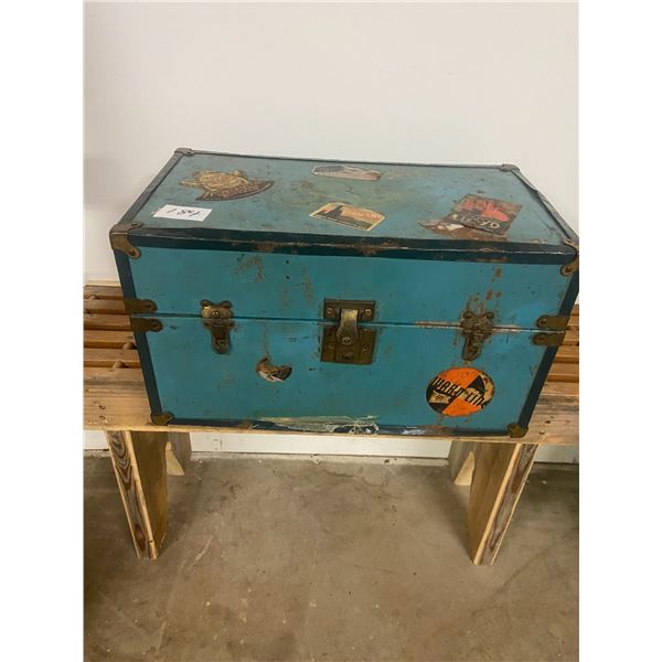 Child's trunk - tin. 18" W X 10" H X 10" D, has 2 drawers & hangers