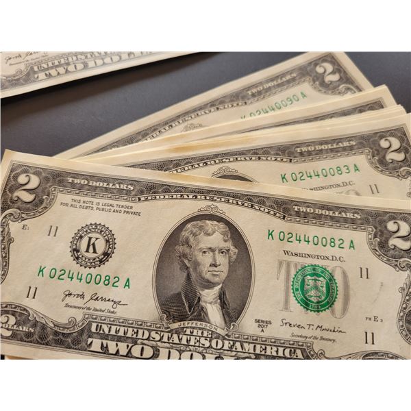 9 Uncirculated $2.00 bills 0082-0090 *see next lot also*