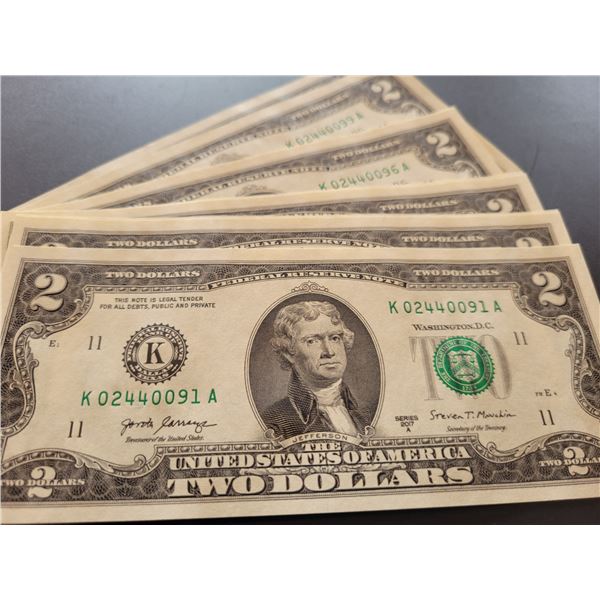 10 Uncirculated $2.00 bills 0091-0100 *Serial numbers follow previous lot*