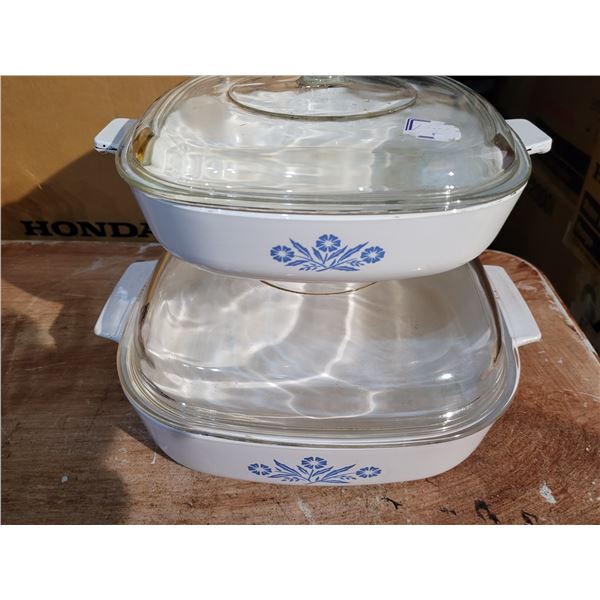 2 vintage Corningware casserole dishes - both lids 10" & 8"
