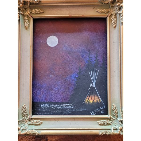 Painting on canvas - Silhouettes in Teepee 9.5" X 11.5" signed "Keschane"