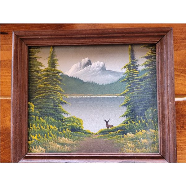 SK painting of deer by lake Levine Flexhaug signed 'Flexie' 12 X 14"