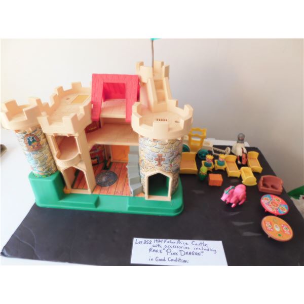 1974 FISHER PRICE CASTLE WITH ACCESSORIES INCLUDING RARE PINK DRAGON