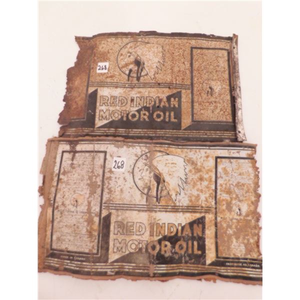 TWO RED INDIAN MOTOR OIL FLATTENED TINS