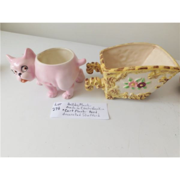 BULLDOG PLANTER CZECHOSOVAKIA & STAFFORD HAND DECORATED CART PLANTER