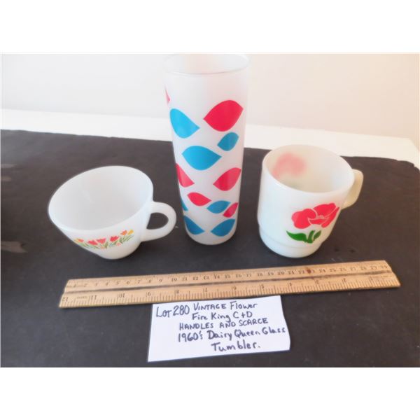 VINTAGE FLOWER FIRE KING C&D HANDLE MUGS & ORIGINAL 1960’S DAIRY QUEEN GLASS