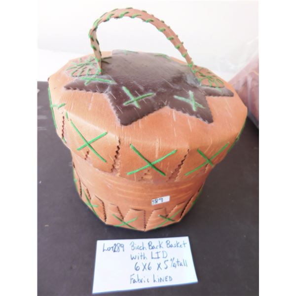 FABRIC LINED BIRCH BARK BASKET WITH LID 6X6X5”
