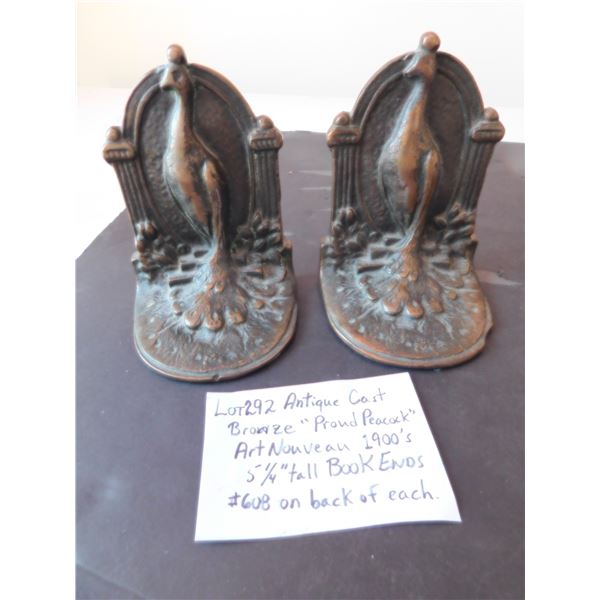 ANTIQUE CAST BRONZE PEACOCK ART NOUVEAU BOOKENDS 1900’S