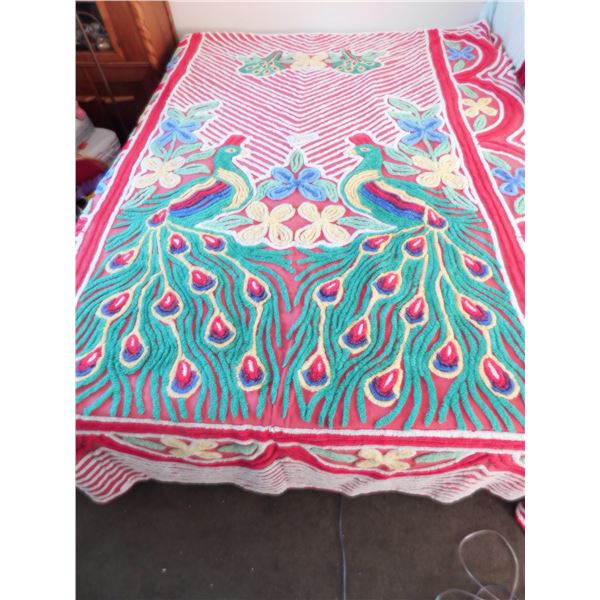 VINTAGE 86 X 98” CHENILLE PEACOCK DESIGN BEDSPREAD