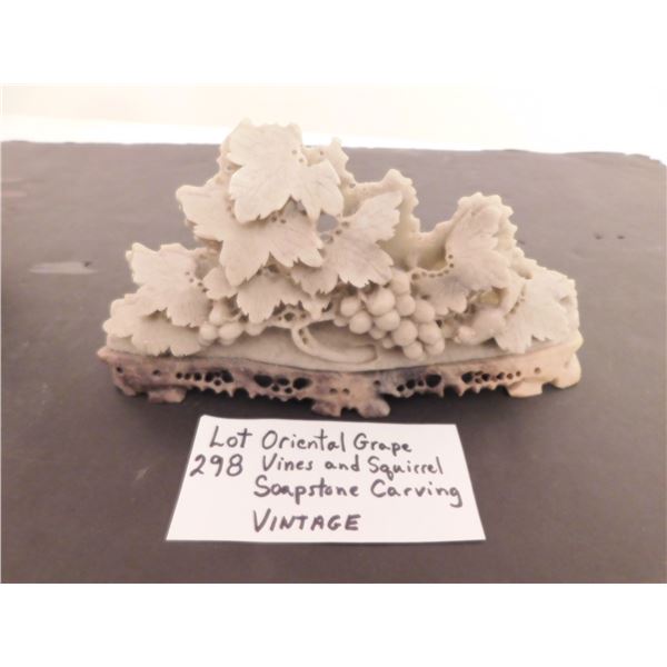 VINTAGE ORIENTAL SQUIRREL & GRAPE VINES CARVED SOAPSTONE
