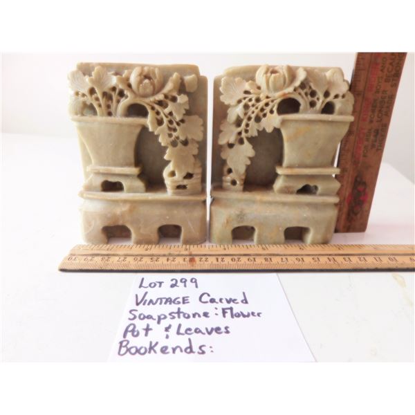 VINTAGE FLOWERPOT AND LEAVES CARVED SOAPSTONE BOOKENDS