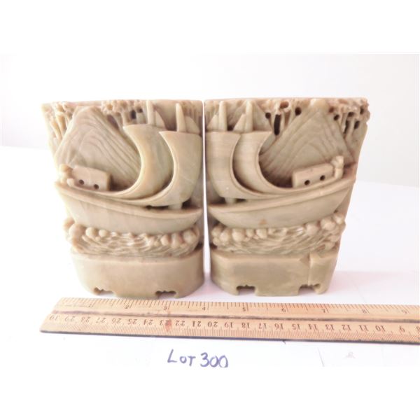 VINTAGE GALEON SHIP SOAPSTONE BOOKENDS
