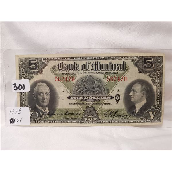1938 $5 Bank of Montreal, Charter Bank Note