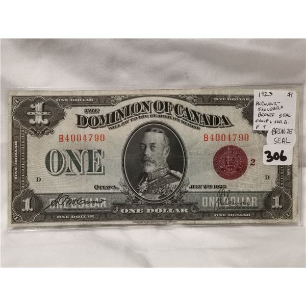 1923 $1 Bronze Seal Dominion of Canada Note,Large