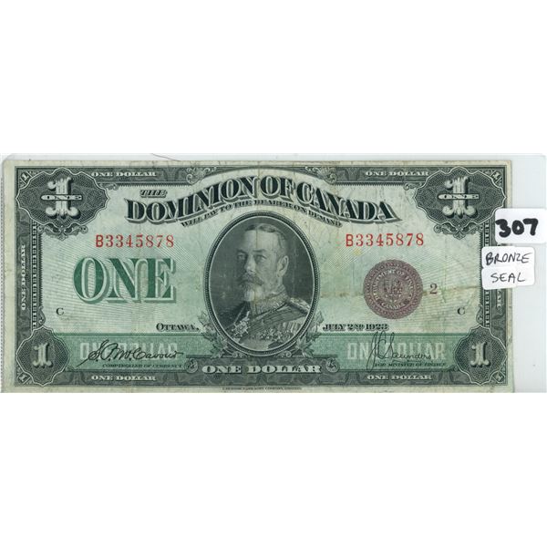 1923 $1 Bronze Seal Dominion of Canada Note,Large