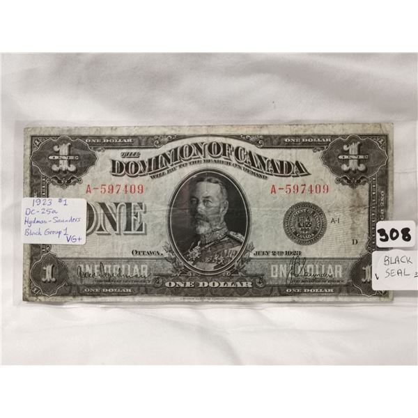 1923 $1 Black Seal Dominion of Canada Note,Large