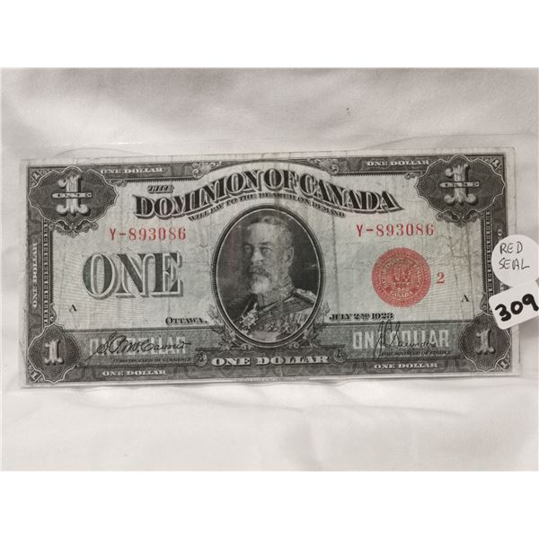 1923 $1 Red Seal Dominion of Canada Note,Large