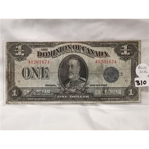 1923 $1 Blue Seal Dominion of Canada Note,Large