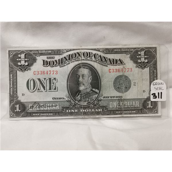 1923 $1 Green Seal Dominion  of Canada Note,Large