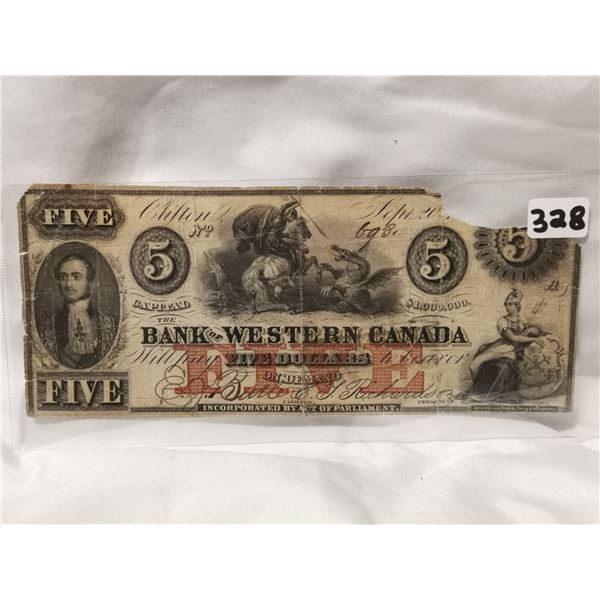 Rare 1859 $5 Bank of Western Canada Charter Bank Note