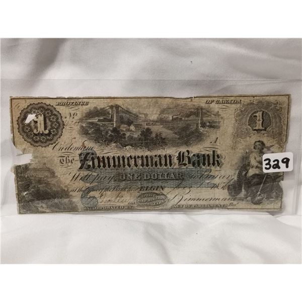 Rare 1856 $1Canada Zimmerman Bank, Charter Bank Note
